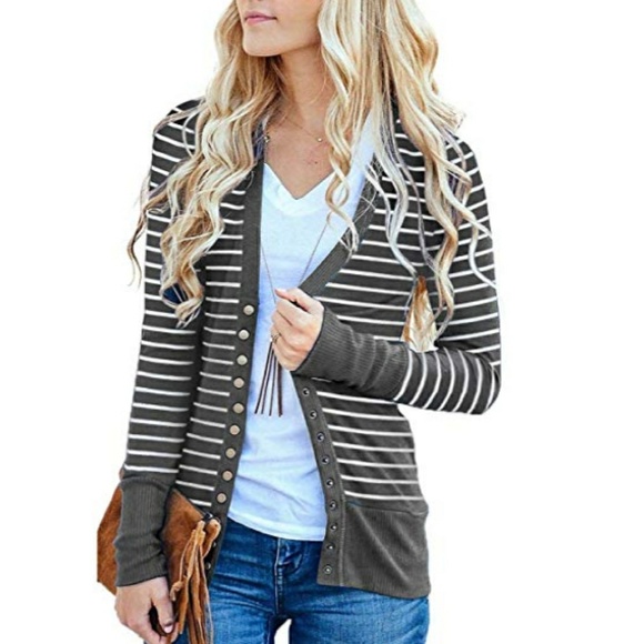 🆕⭐Grey white striped button cardigan⭐ - Picture 2 of 6